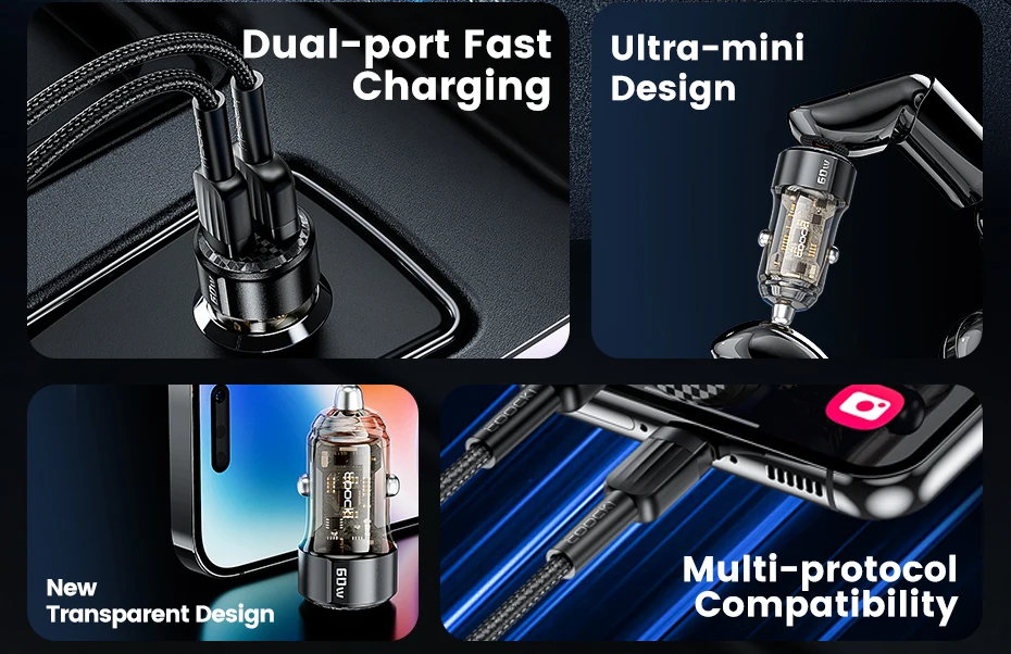 Toocki 60W Mini Car Charger Lighter Fast Charging QC3.0 Mini PD Car USB Type C Phone Charger For iPhone15 Xiaomi Samsung Huawei