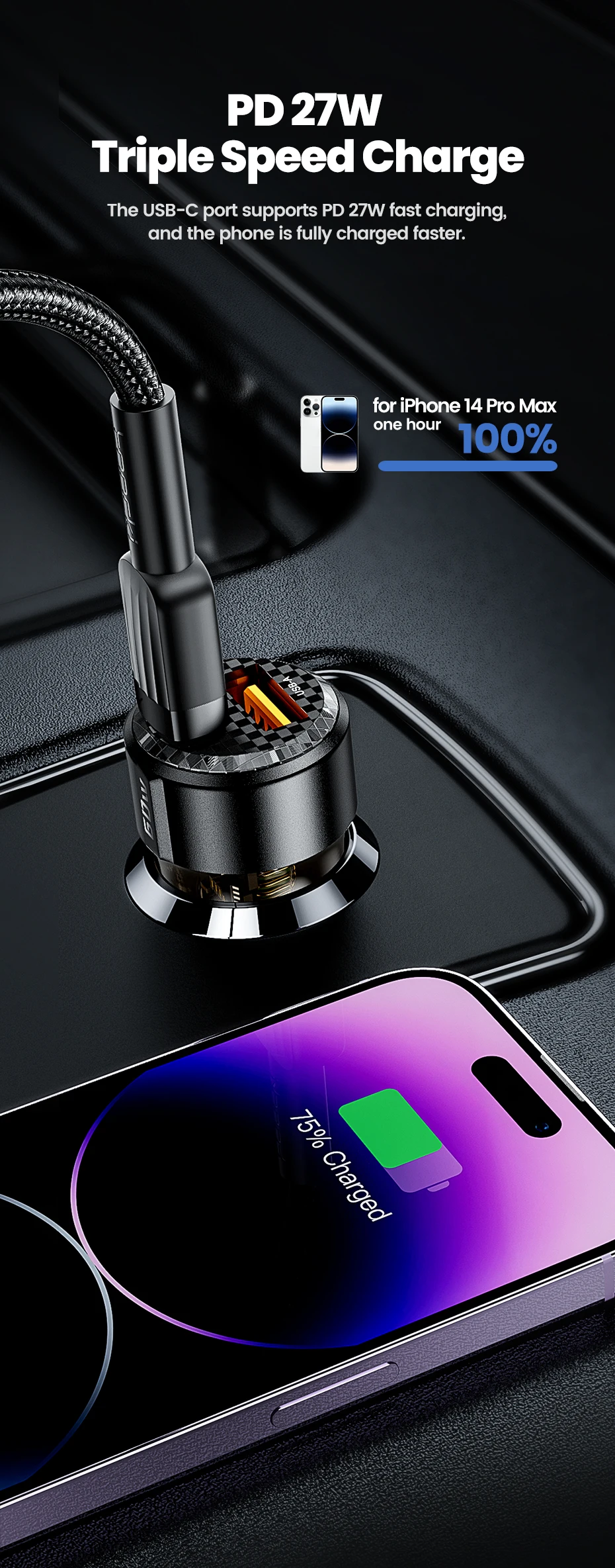 Toocki 60W Mini Car Charger Lighter Fast Charging QC3.0 Mini PD Car USB Type C Phone Charger For iPhone15 Xiaomi Samsung Huawei