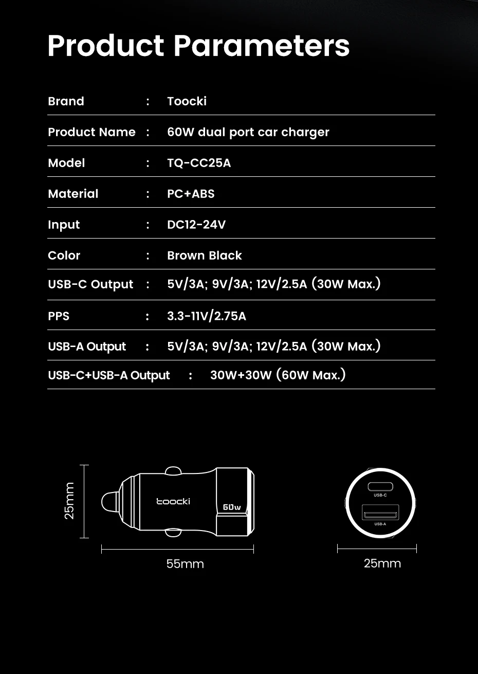 Toocki 60W Mini Car Charger Lighter Fast Charging QC3.0 Mini PD Car USB Type C Phone Charger For iPhone15 Xiaomi Samsung Huawei