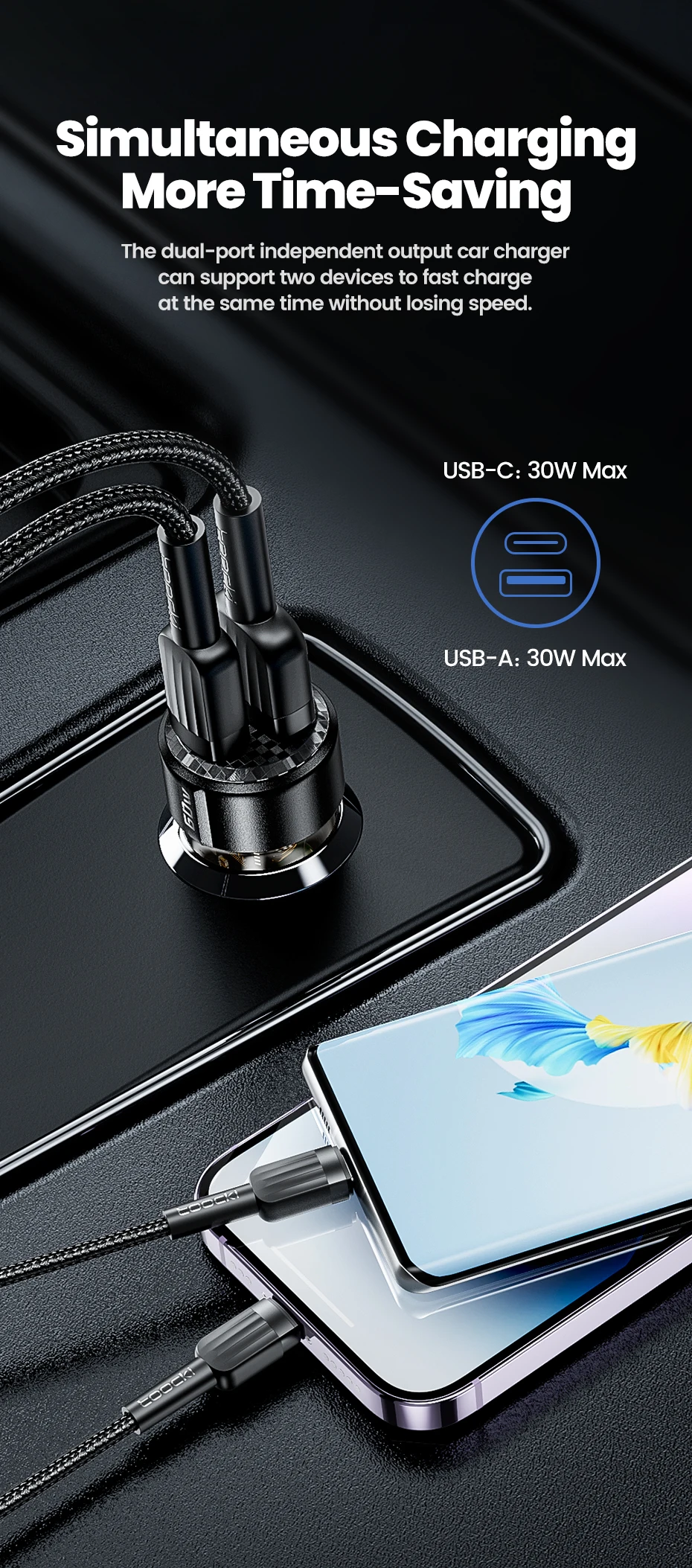 Toocki 60W Mini Car Charger Lighter Fast Charging QC3.0 Mini PD Car USB Type C Phone Charger For iPhone15 Xiaomi Samsung Huawei