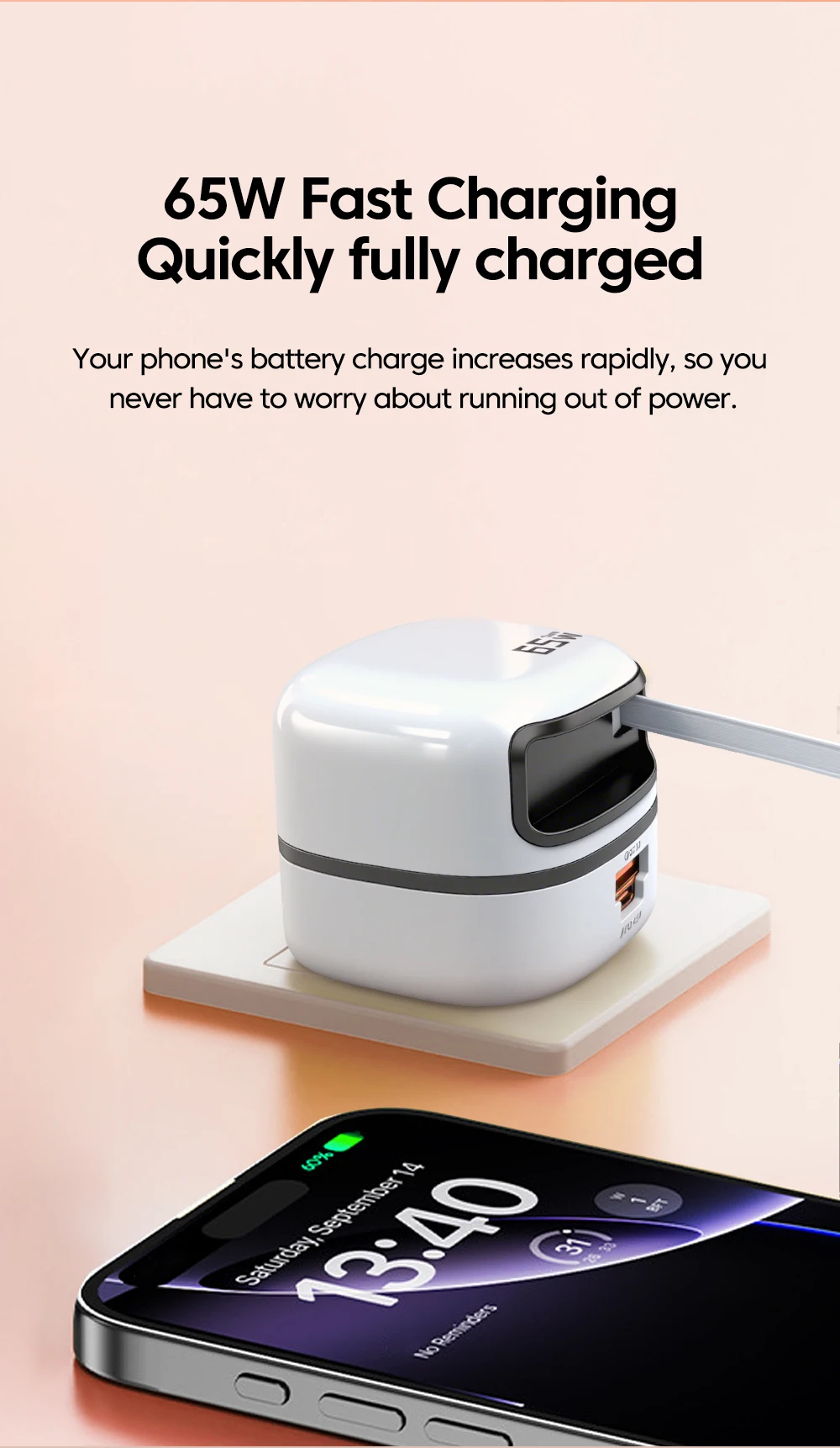 Elough 65W USB Type C Phone Charger Universal Travel Adapter Retractable Fast Charging USB C Cable For iPhone 16 Samsung Laptop