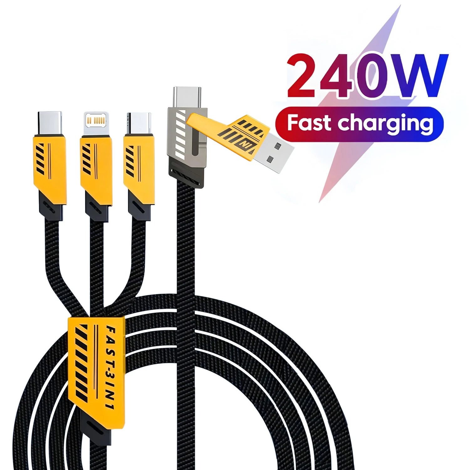 3 In 2 240W Fast Charging Cord For Micro USB Type C Charger Cable 1.2m Multi Usb Port Multiple Usb Charg Cord For iPhone Huawei