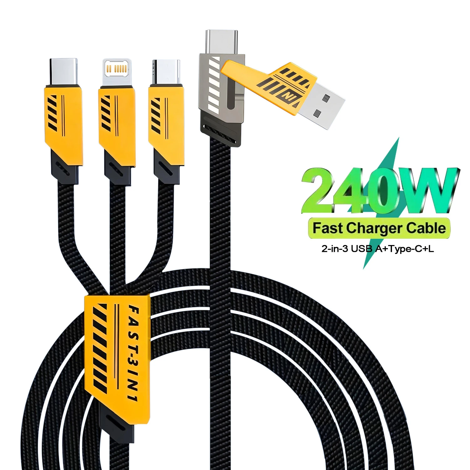3 In 2 240W Fast Charging Cord For Micro USB Type C Charger Cable 1.2m Multi Usb Port Multiple Usb Charg Cord For iPhone Huawei