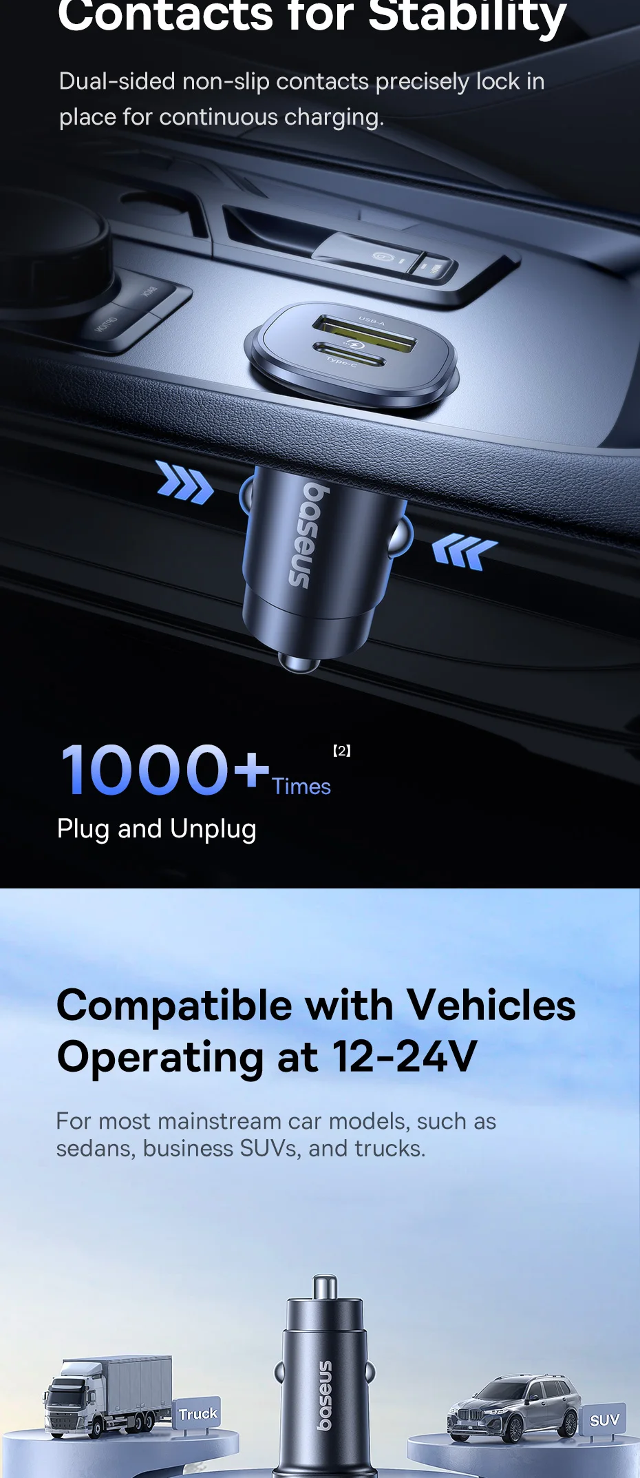 Baseus 30W Car Charger Fast Charging Dual Port USB Type-C PD QC FCP AFC For iPhone 16 15 Samsung S24 S25 Xiaomi Huawei Tablet