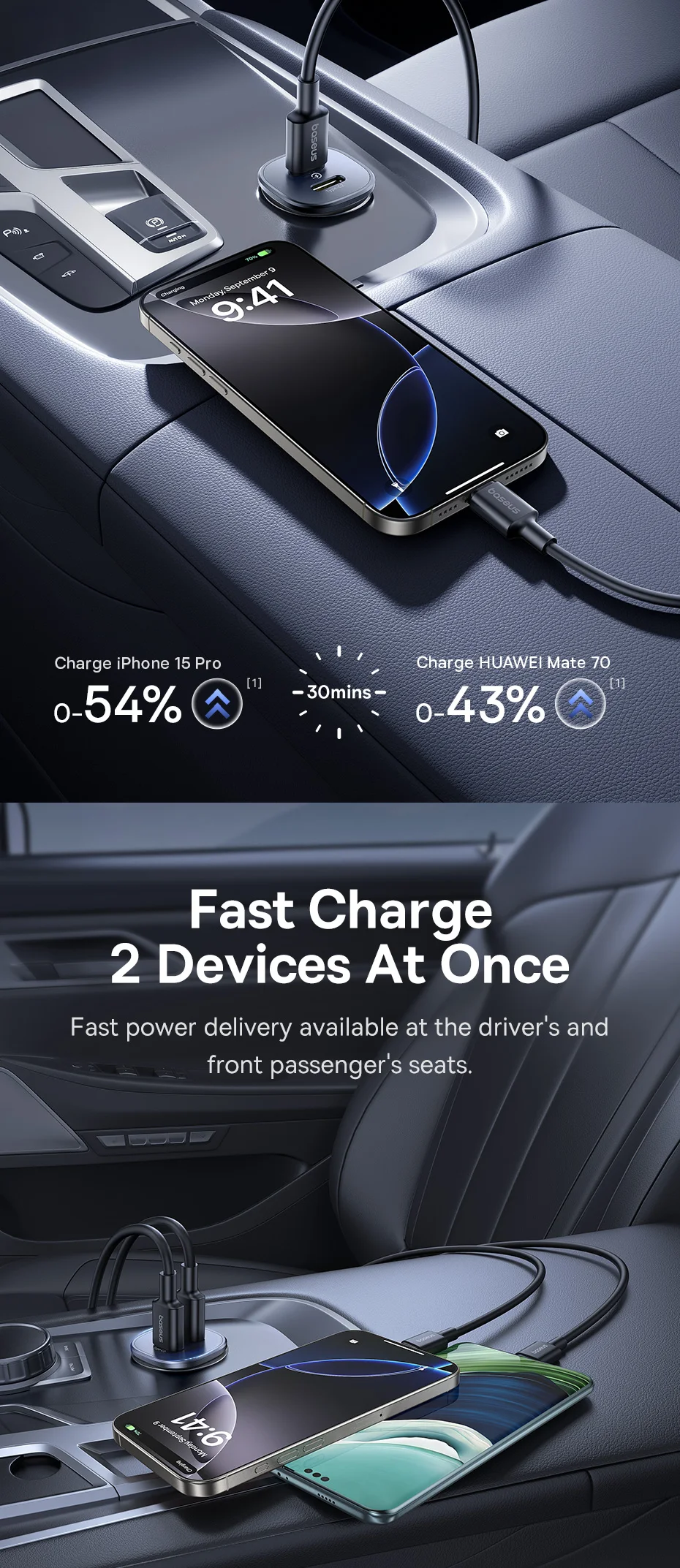 Baseus 30W Car Charger Fast Charging Dual Port USB Type-C PD QC FCP AFC For iPhone 16 15 Samsung S24 S25 Xiaomi Huawei Tablet
