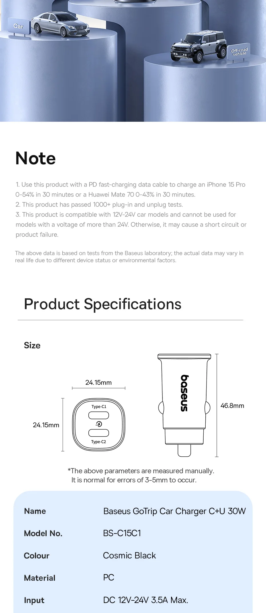 Baseus 30W Car Charger Fast Charging Dual Port USB Type-C PD QC FCP AFC For iPhone 16 15 Samsung S24 S25 Xiaomi Huawei Tablet