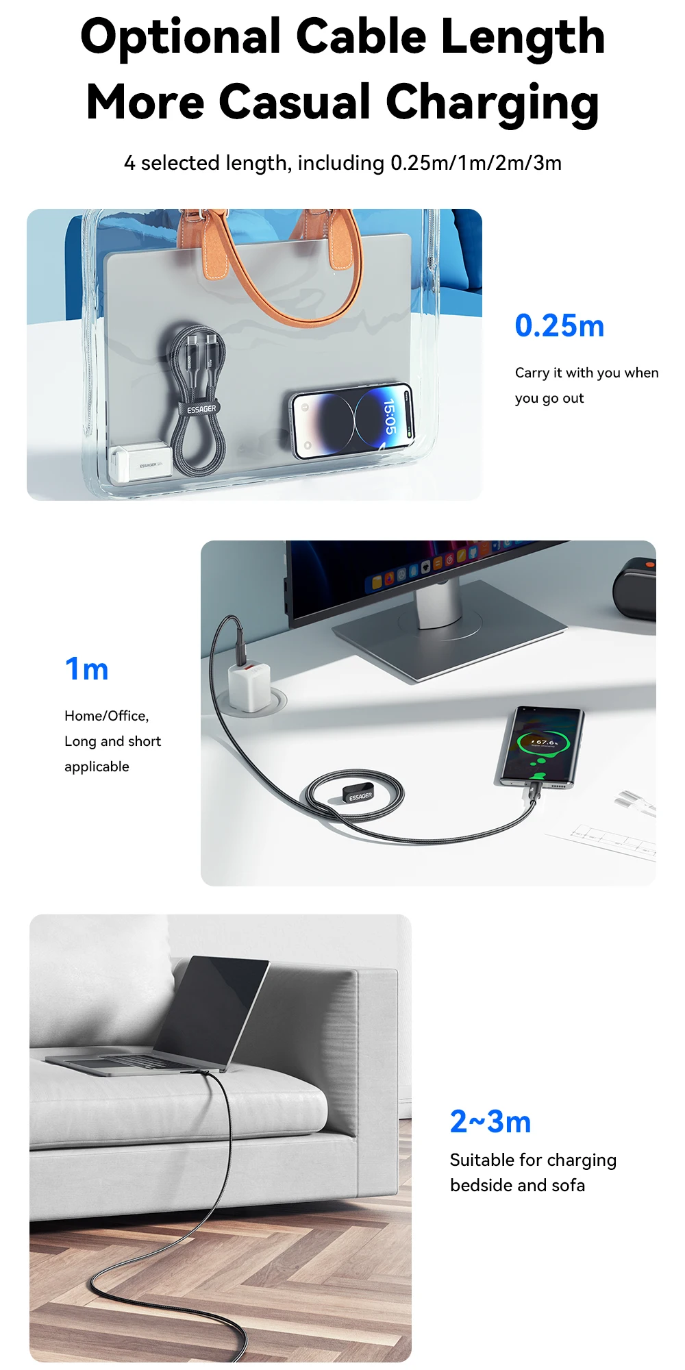 Essager PD 100W Type C to C Cable USB Type-C 5A Fast Charging Mobile Phone Cable For MacBook iPad Oneplus Xiaomi iPhone 15 Cable