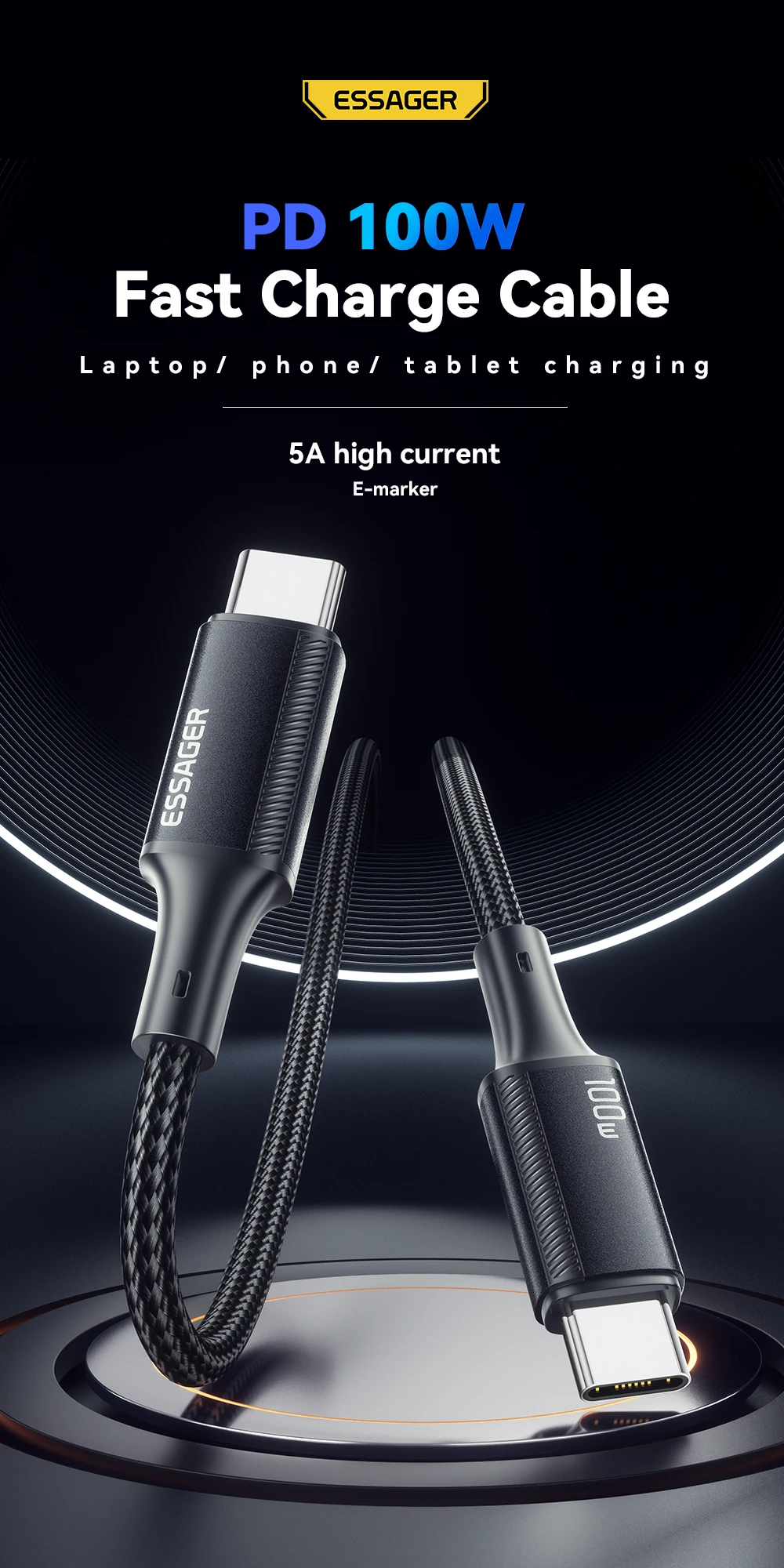 Essager PD 100W Type C to C Cable USB Type-C 5A Fast Charging Mobile Phone Cable For MacBook iPad Oneplus Xiaomi iPhone 15 Cable