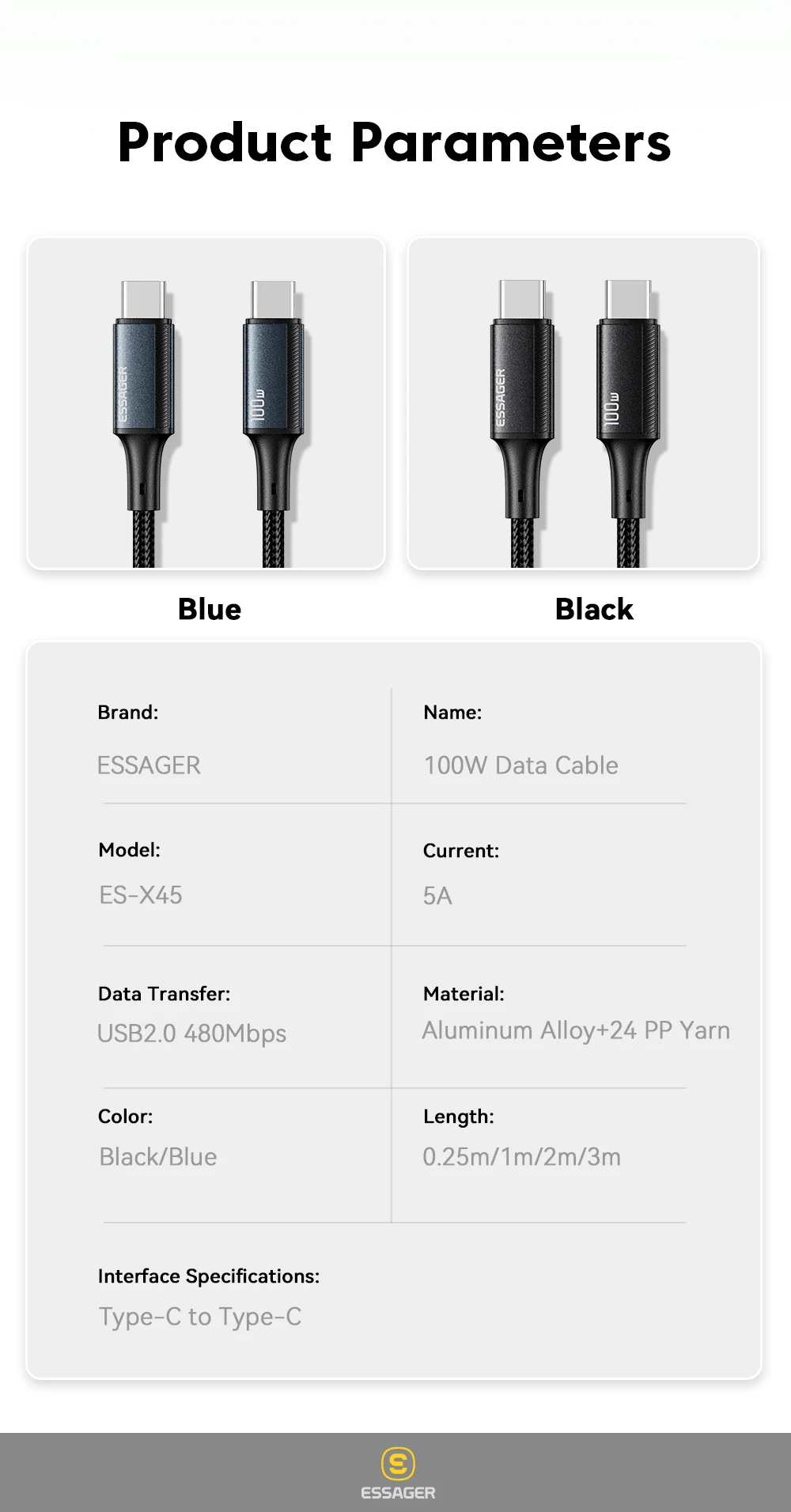 Essager PD 100W Type C to C Cable USB Type-C 5A Fast Charging Mobile Phone Cable For MacBook iPad Oneplus Xiaomi iPhone 15 Cable