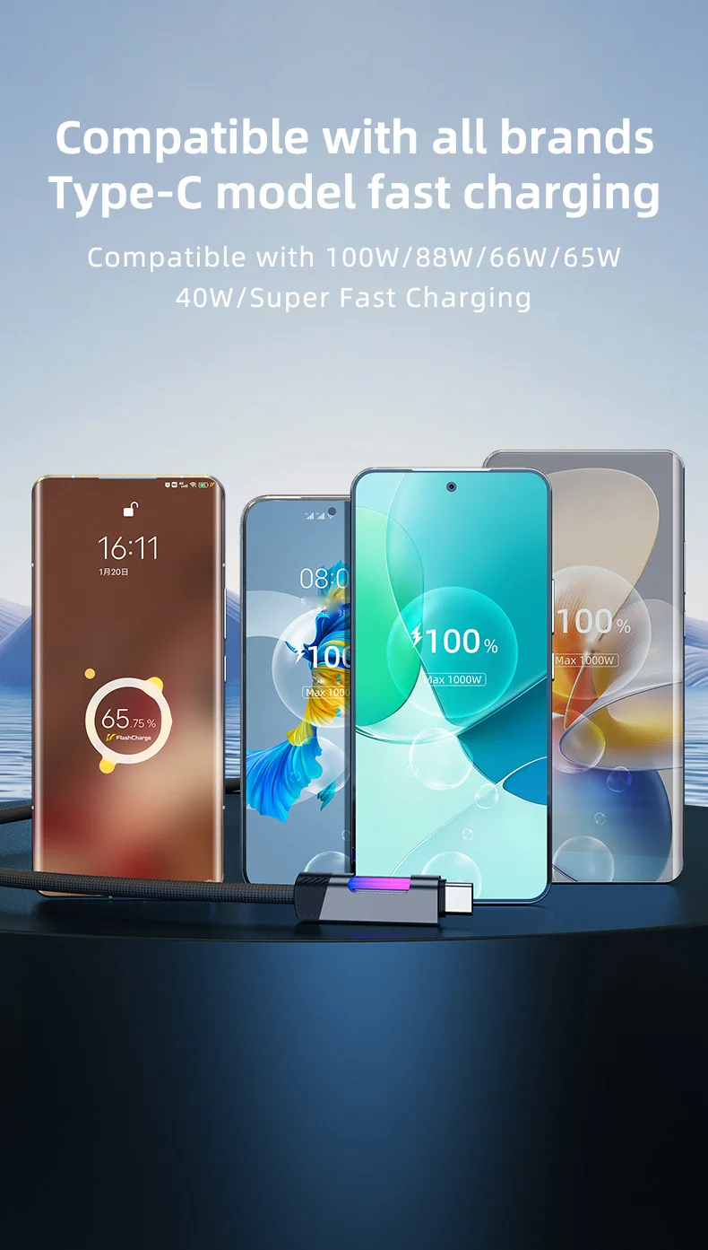 RGB Fast Charging Cable 120W 6A USB Type C Charge Cable with RGB Ambient Light