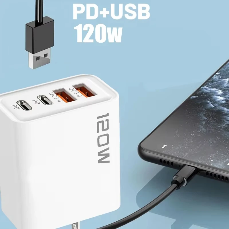 120W Fast Charger 4 Port USB Type C Charging Fast Charger Power Adapter For iPhone 14/13/12 Series Samsung Galaxy Huawei Charge