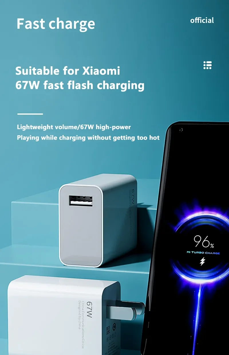 For Xiaomi 67W USB Super Fast Charger Power Adapter Mi 12 11 6A Type C Cable POCO X5 X4 Pro Note 9 10 11 Charging