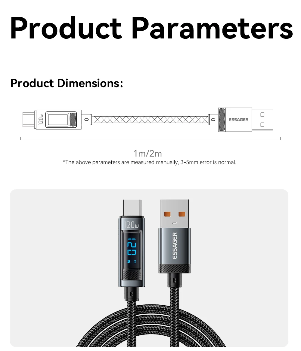 Essager 120W USB Type C Cable Fast Charging USB C Charger Cord for iPhone 15 14 13 12 Huawei with LED Digital Display Cable