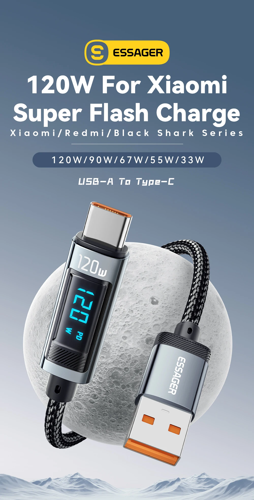 Essager 120W USB Type C Cable Fast Charging USB C Charger Cord for iPhone 15 14 13 12 Huawei with LED Digital Display Cable
