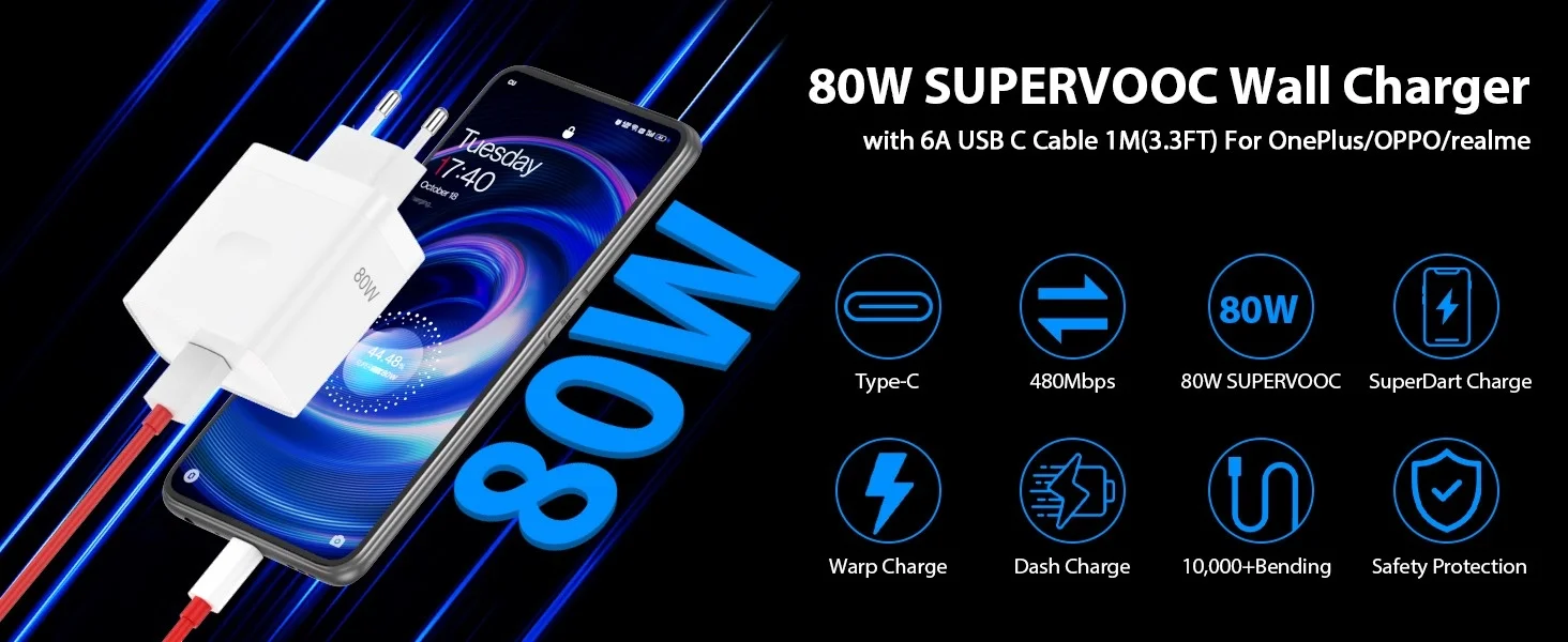 For OnePlus 80W SuperVOOC EU Fast Wall Charger for OnePlus 10 11 12 Nord CE 2 3 Lite OPPO realme 10 GT NEO 2 3 Type C USB Cable