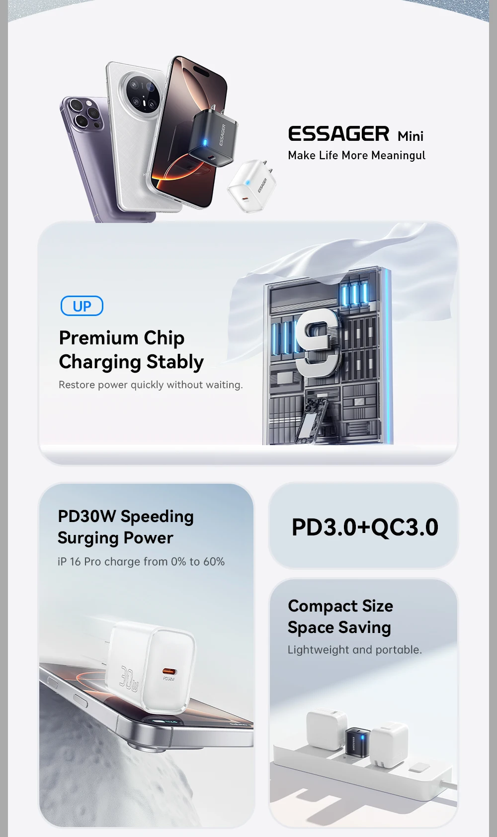 Essager Mini 30W Type C Charger Set For iPhone 16 15 Xiaomi PD 20W Lightning Cable Travel Chargers For iPhone 14 13 12 iPad Pro