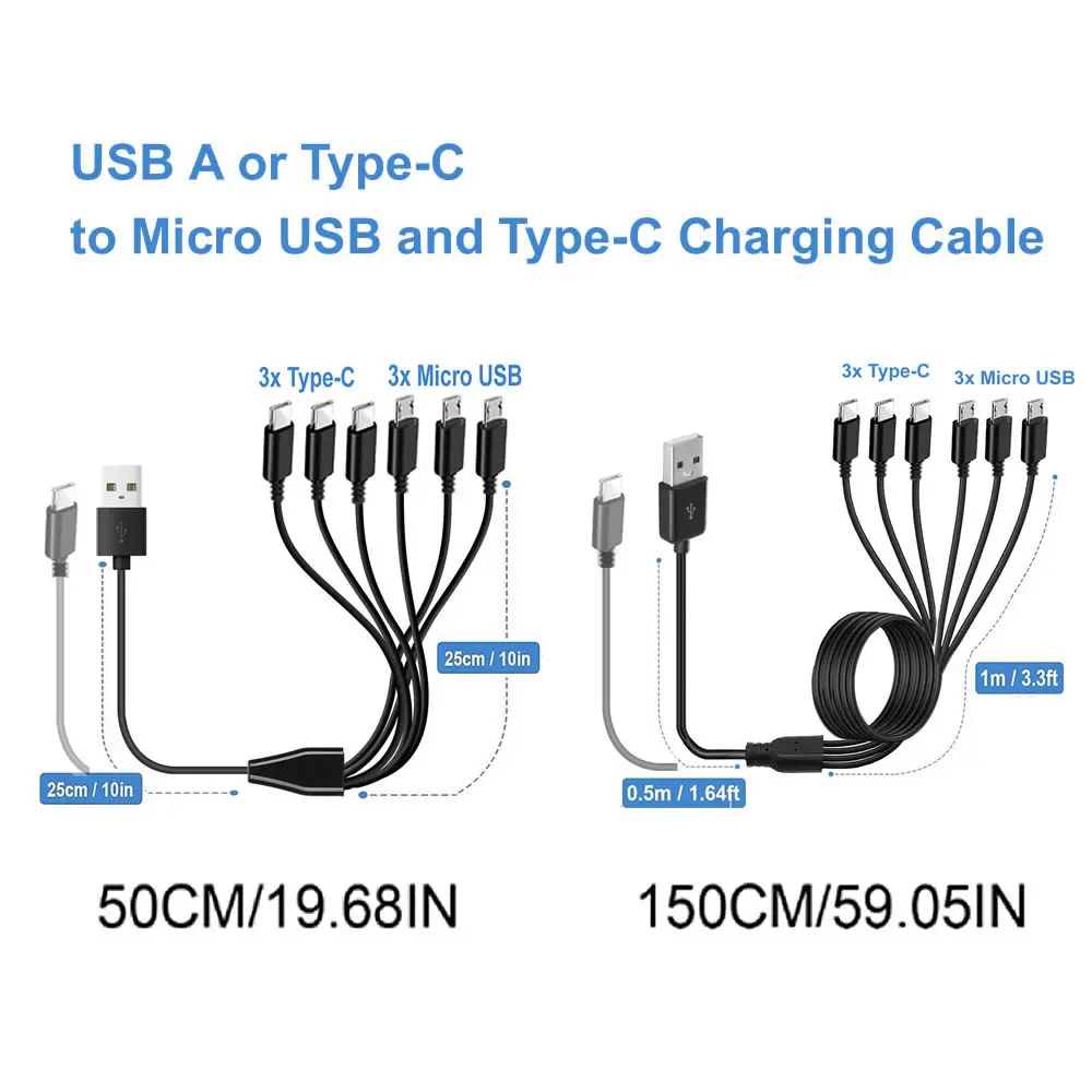 6 In 1 Micro USB/Type C Splitter Cable 3 in 1 USB to Micro USB/Type C Charing Cable For iPhone15 Android Samsung Tablet and More