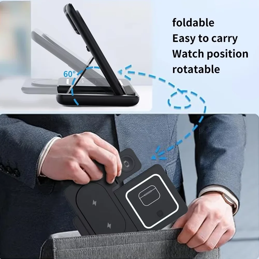 KEBIDUMEI 3 IN 1 Fast Magnetic Wireless Charger Stand Foldable Charging Station for Phone 18 17 16 15 Apple Watch Headphones