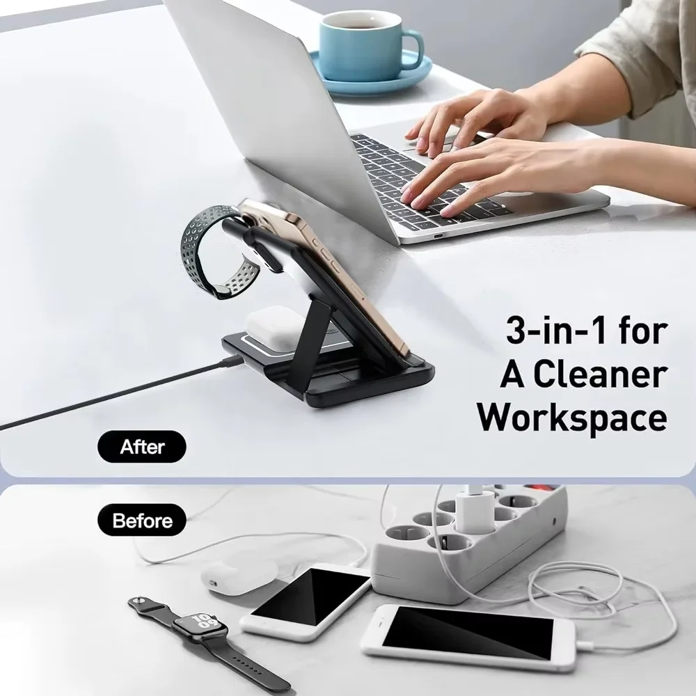 KEBIDUMEI 3 IN 1 Fast Magnetic Wireless Charger Stand Foldable Charging Station for Phone 18 17 16 15 Apple Watch Headphones