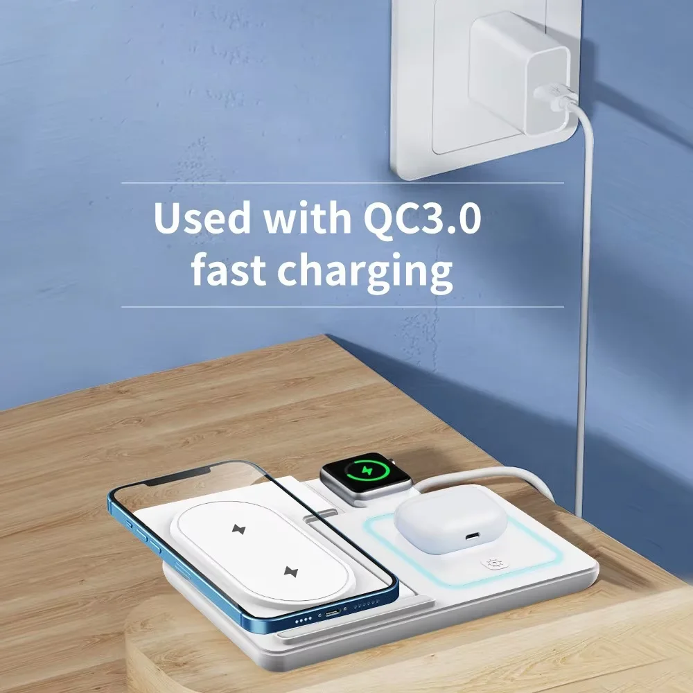 KEBIDUMEI 3 IN 1 Fast Magnetic Wireless Charger Stand Foldable Charging Station for Phone 18 17 16 15 Apple Watch Headphones