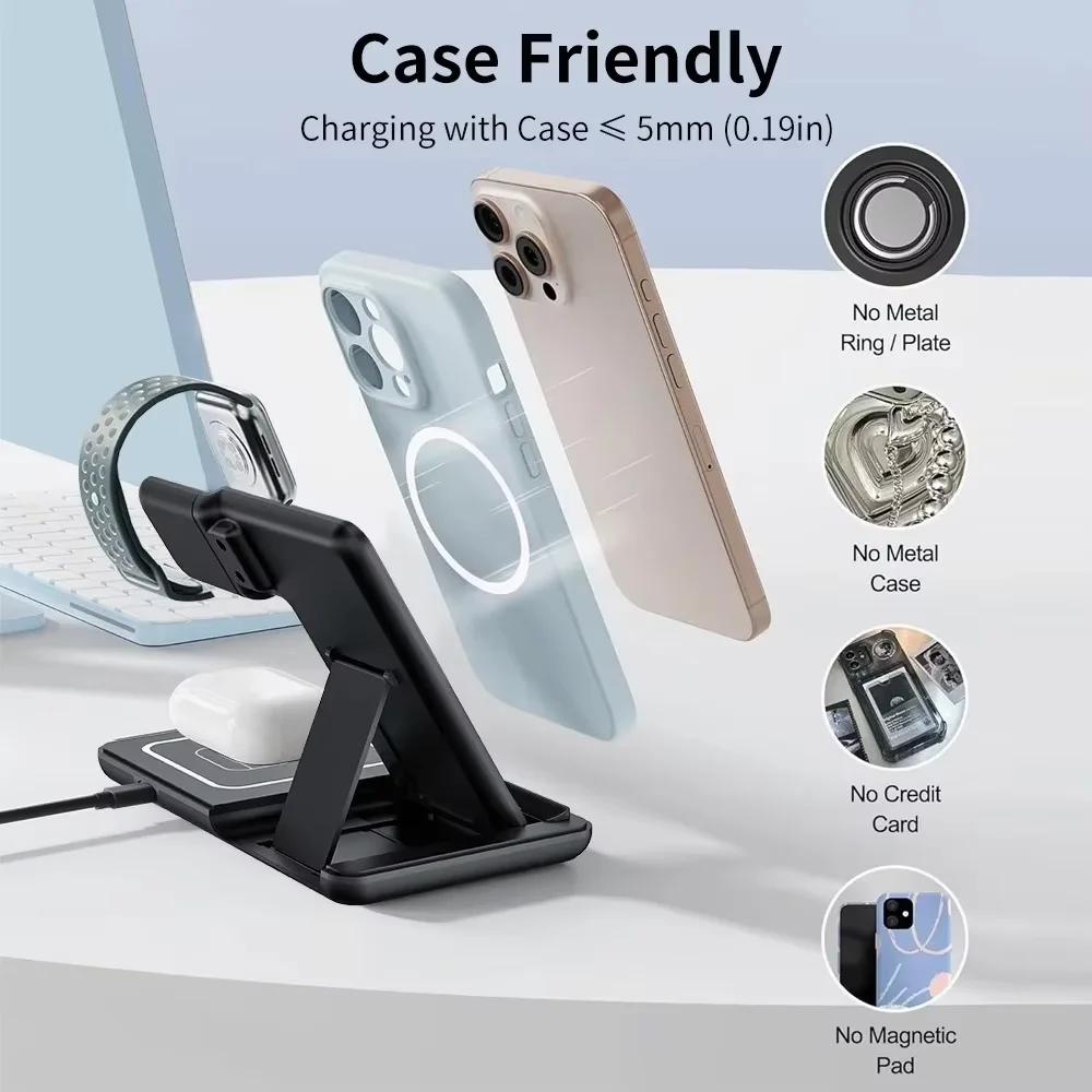 KEBIDUMEI 3 IN 1 Fast Magnetic Wireless Charger Stand Foldable Charging Station for Phone 18 17 16 15 Apple Watch Headphones