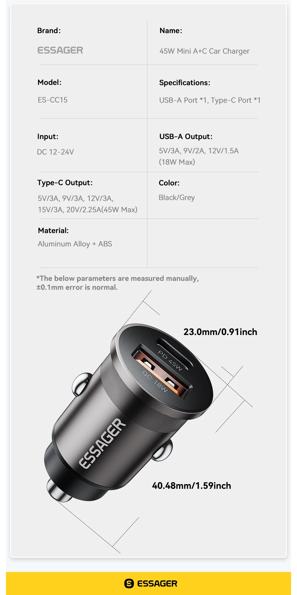 Essager 45W Car Charger QC 3.0 For Huawei Xiaomi Quick Charge SCP Samsung AFC Quick Charge PD 3.0 Type C Portable Phone Charge