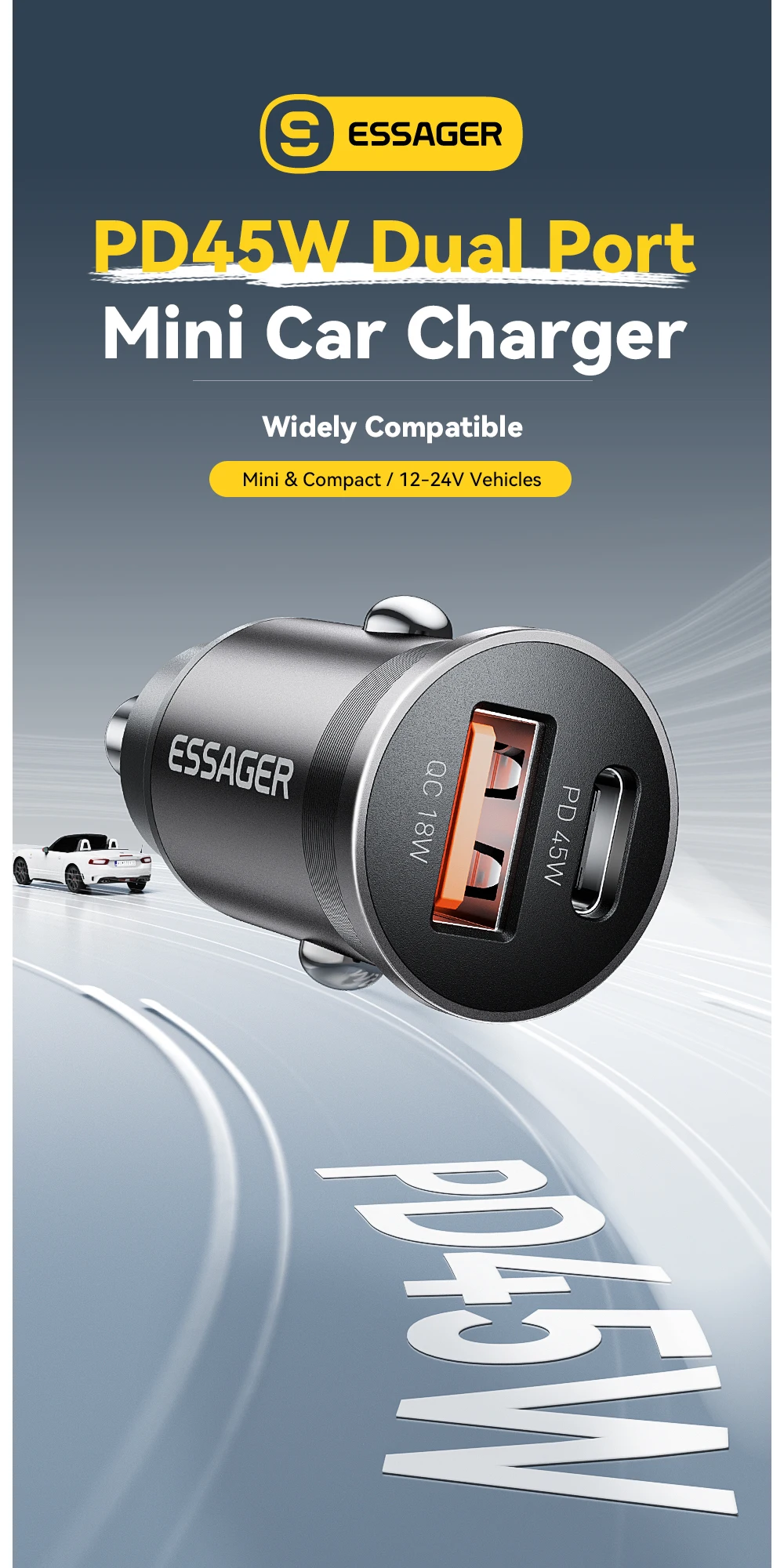 Essager 45W Car Charger QC 3.0 For Huawei Xiaomi Quick Charge SCP Samsung AFC Quick Charge PD 3.0 Type C Portable Phone Charge