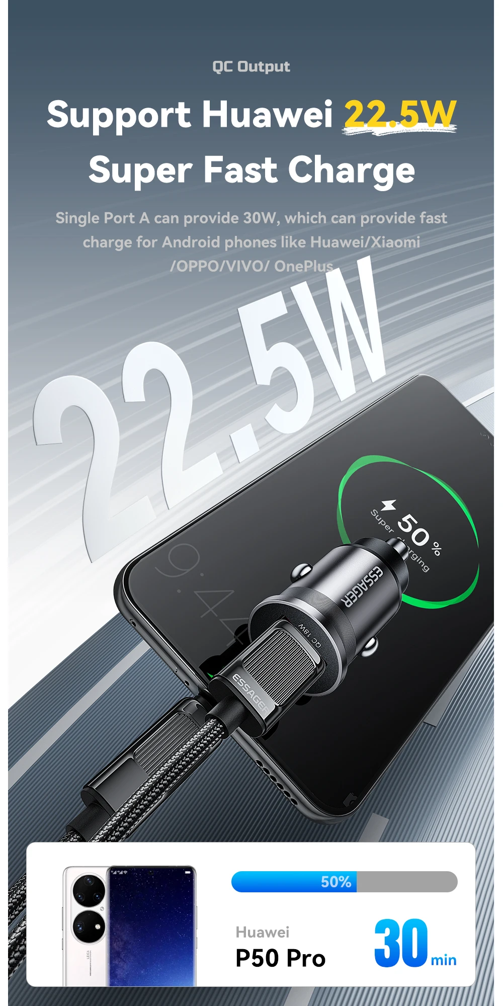 Essager 45W Car Charger QC 3.0 For Huawei Xiaomi Quick Charge SCP Samsung AFC Quick Charge PD 3.0 Type C Portable Phone Charge