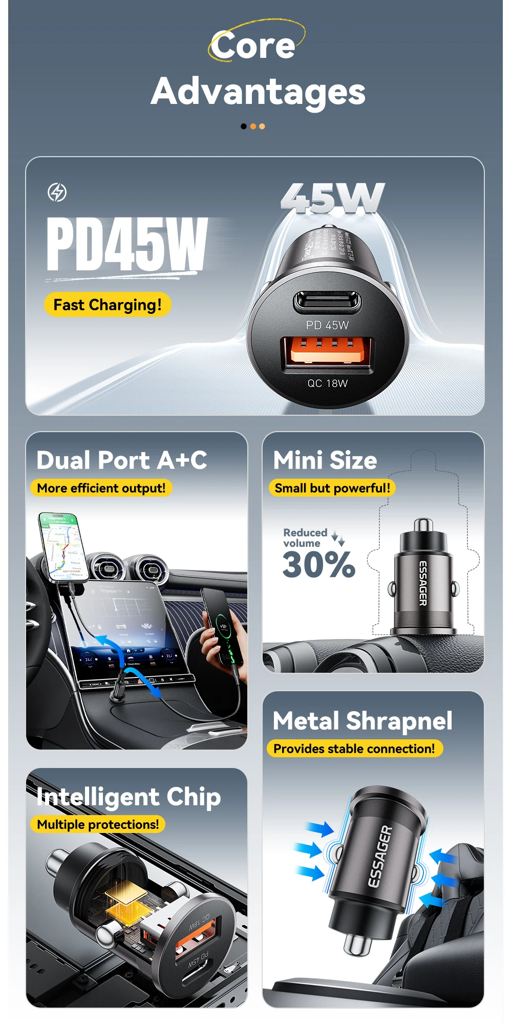 Essager 45W Car Charger QC 3.0 For Huawei Xiaomi Quick Charge SCP Samsung AFC Quick Charge PD 3.0 Type C Portable Phone Charge