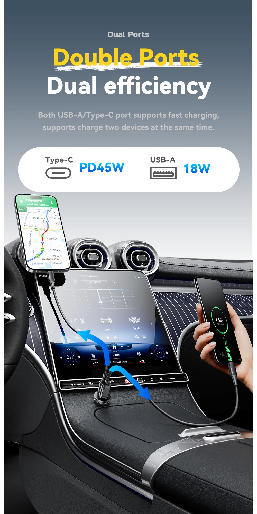 Essager 45W Car Charger QC 3.0 For Huawei Xiaomi Quick Charge SCP Samsung AFC Quick Charge PD 3.0 Type C Portable Phone Charge