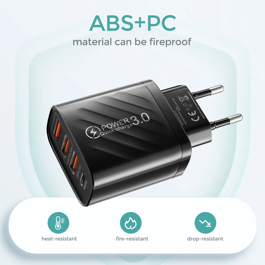 48W USB Charger QC3.0 Type C PD Fast Charging For IPhone14 Samsung Huawei Xiaomi Mobile Phone EU/US/UK Plug Wall Charger Adapter