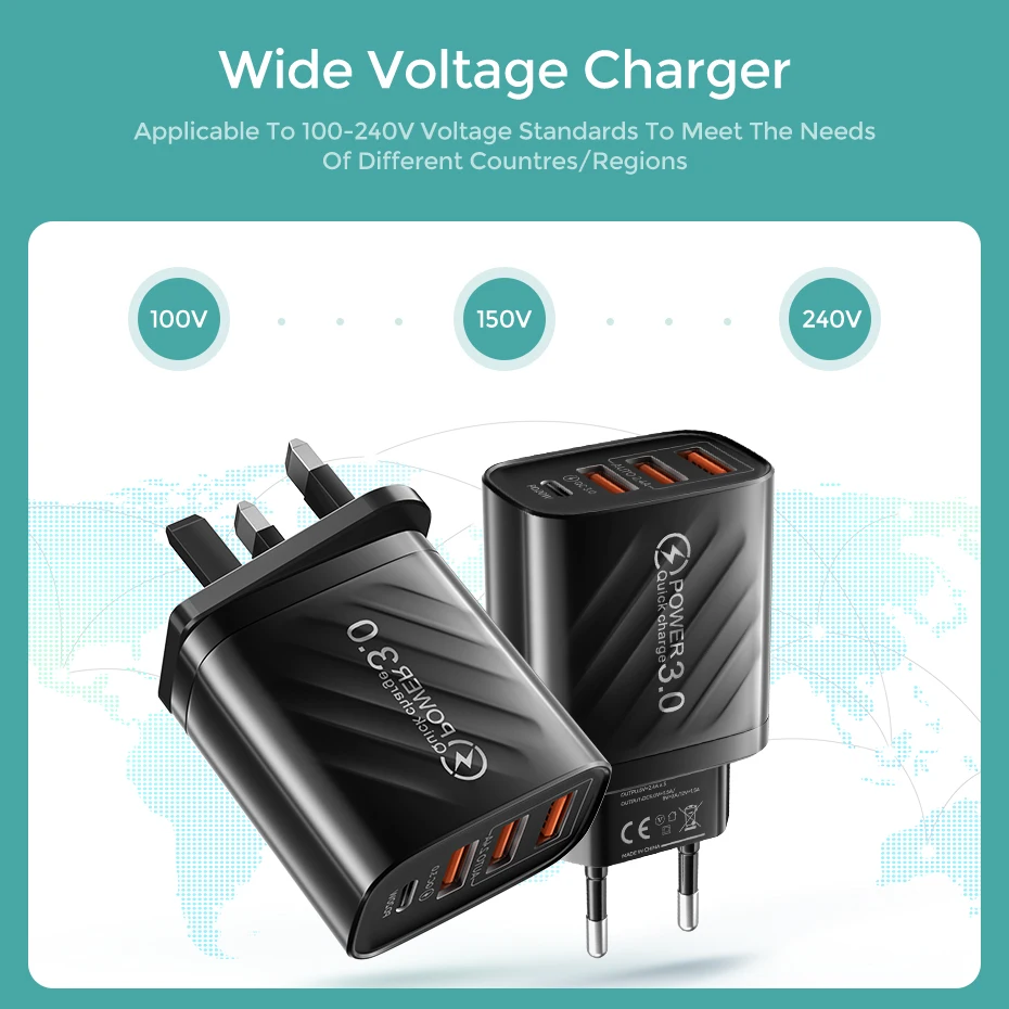 48W USB Charger QC3.0 Type C PD Fast Charging For IPhone14 Samsung Huawei Xiaomi Mobile Phone EU/US/UK Plug Wall Charger Adapter