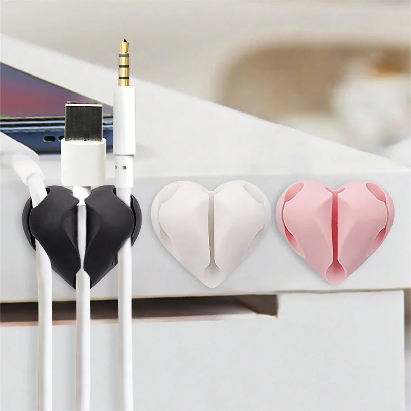 2pcs Heart-Shaped Mini Cable Winder Organizer USB Charging Cable Clips Desk Tidy Organiser Holder Protectors in Home Office Car