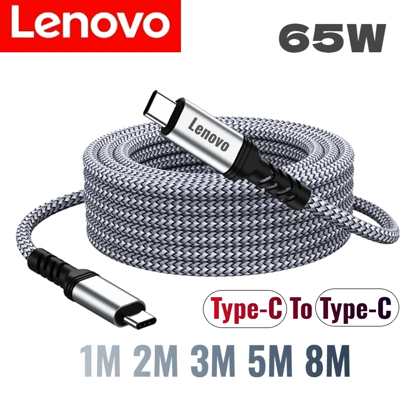 Lenovo 65W Type C To Type C Fast Charge Cable 1M 2M 3M 5M 8M Universal Extended Nylon Braided PD Data Cord for Xiaomi Samsung