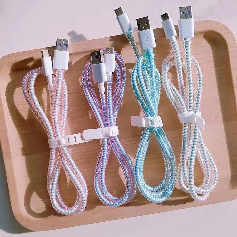 New 1.4M Laser Color TPU Soft Spiral USB Charging Cable Protector for iPhone Samsung Huawei Earphone Cord Line Protection