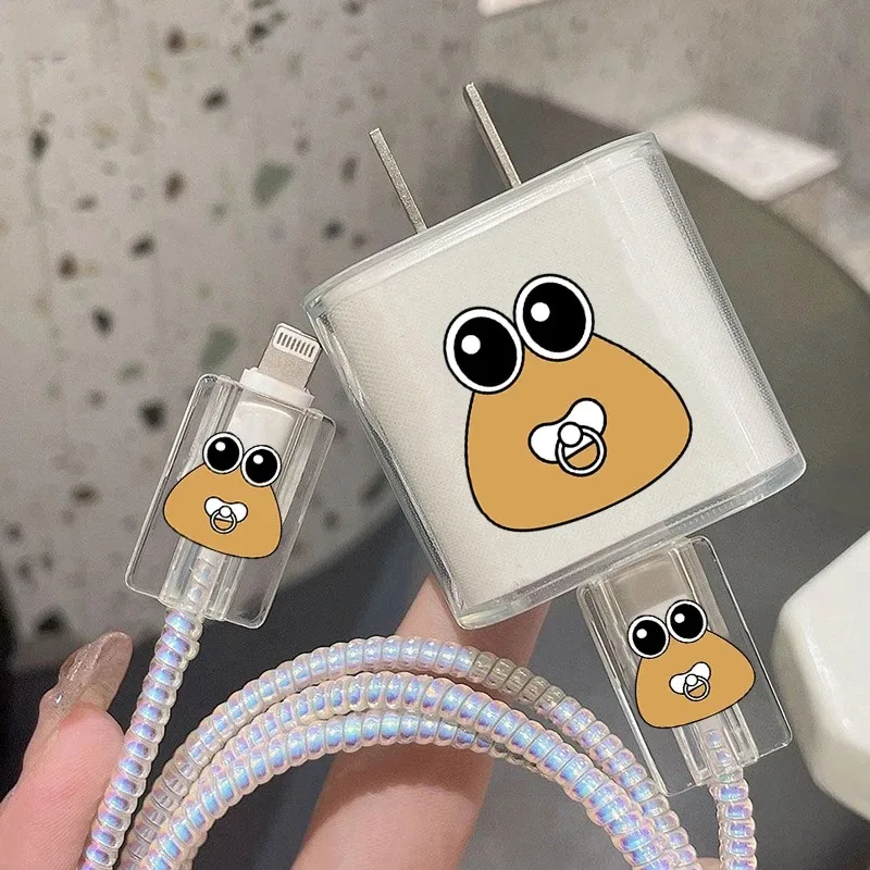 Cute Cartoon Charger Cable Protector Cover For IPhone 15 14 13 18W 20W Charging Head Transparent soft shell Protection Sleeve