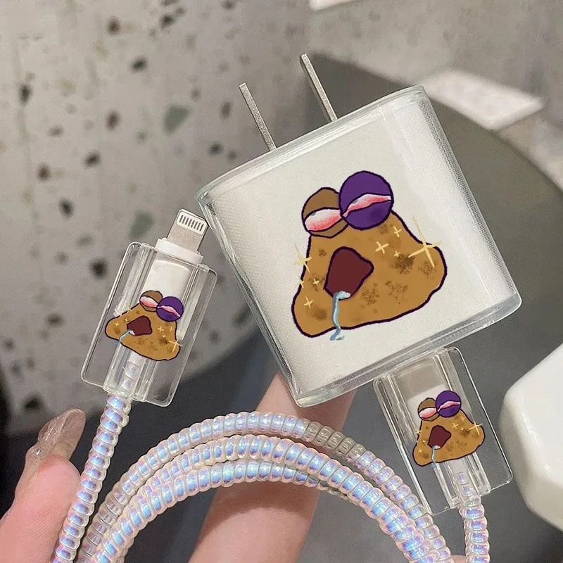 Cute Cartoon Charger Cable Protector Cover For IPhone 15 14 13 18W 20W Charging Head Transparent soft shell Protection Sleeve