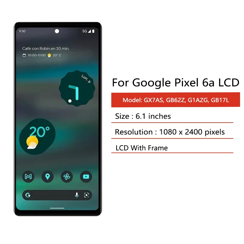 TFT Screen for Google Pixel 6A LCD Display Touch Digitizer Screen for Pixel 6a GX7AS GB62Z G1AZG GB17L LCD with Frame