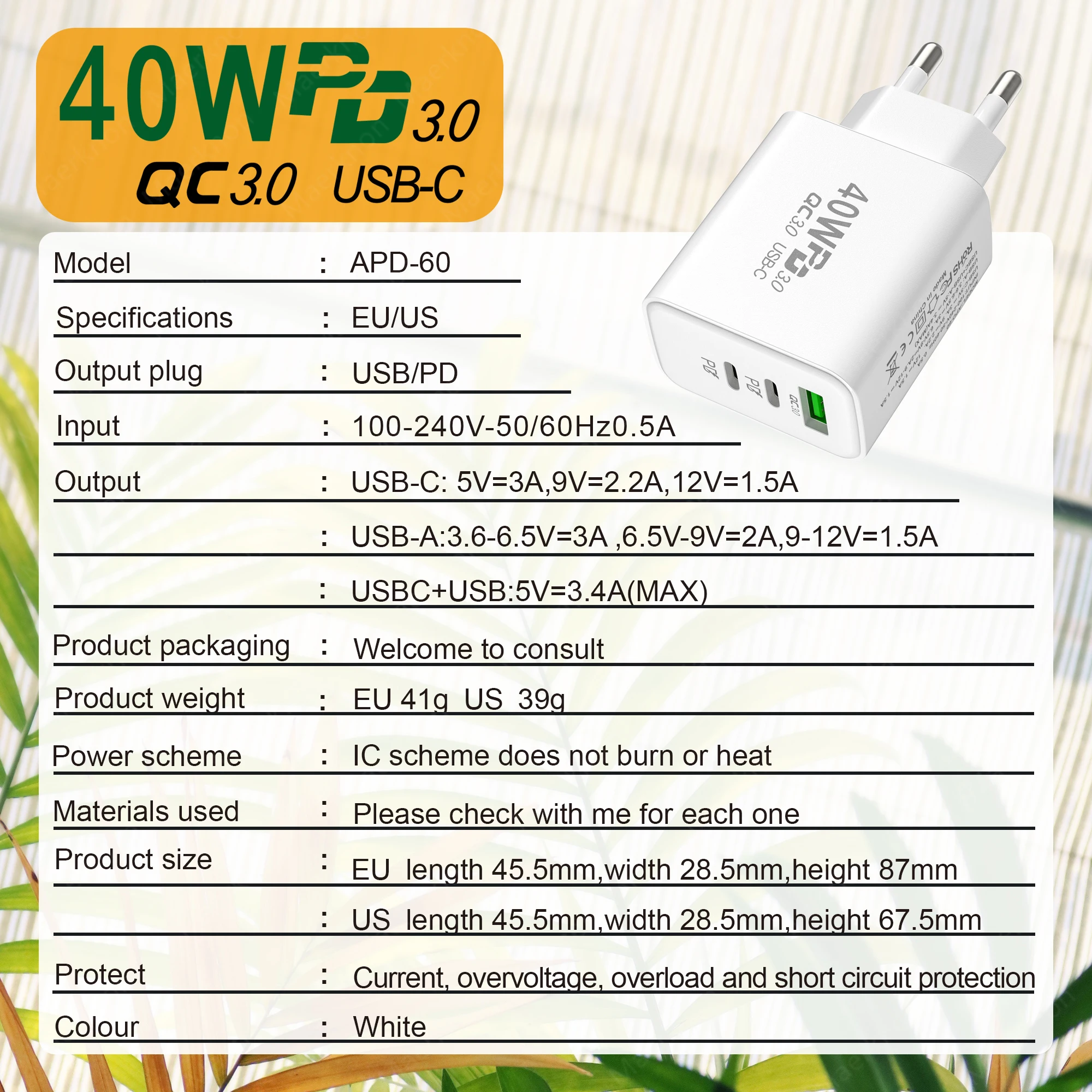 PD 60W USB Charger Type C Fast Charging Phone Charger Adapter For iPhone Samsung Xiaomi Huawei QC3.0 EU/US/UK Plug Wall Charger