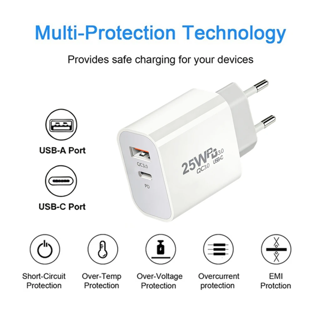 25W PD USB C Multi-Port Fast Charger For iPhone 11 12 13 Mini 14 Pro Max X XR XS Max 7 8 Plus Quick Charging PD Cable 1m 1.5m 2m