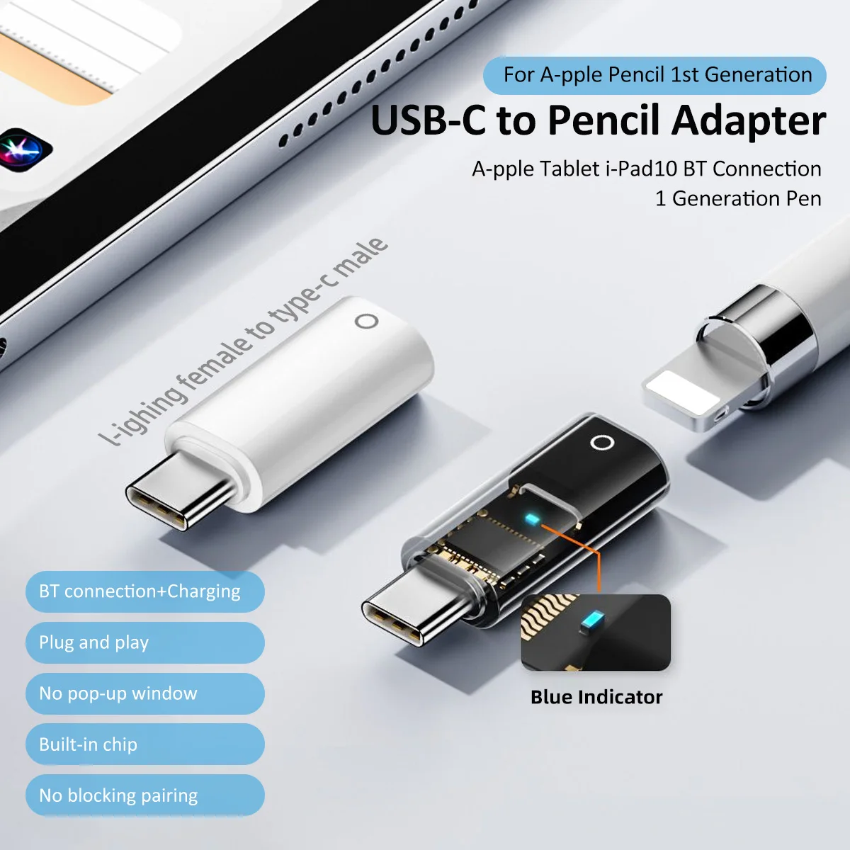 USB C Pencil Adapter for Apple Pencil 1st Generation Type c to for IOS Charger Adapter iPencil Dongle Connector for iPad 10 Gen