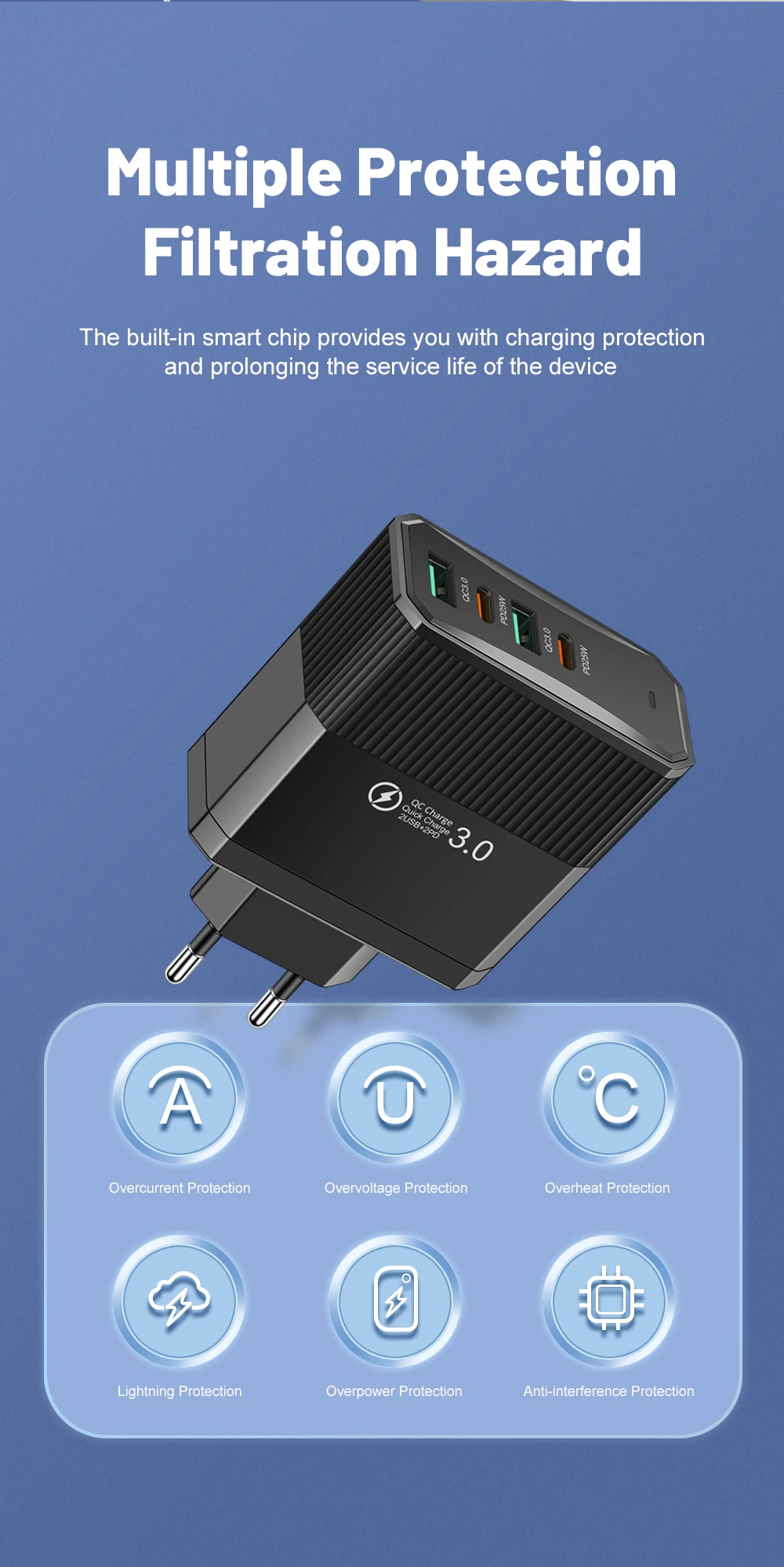 Total 100W USB Charger Fast Charging 6 Ports Quick Charge 3.0 Travel Charger For iPhone Samsung Huawei Phone Charger