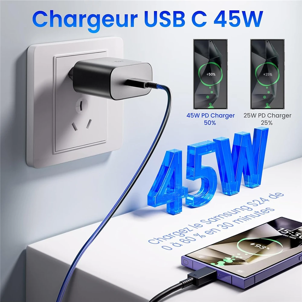 45W EU Plug USB-C Super Fast Charger For Samsung S23 S24 S25 S26 Ultra A25 A35 A53 A54 A55 Quick Charge Power Adapter With Box