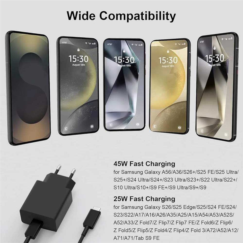 45W EU Plug USB-C Super Fast Charger For Samsung S23 S24 S25 S26 Ultra A25 A35 A53 A54 A55 Quick Charge Power Adapter With Box