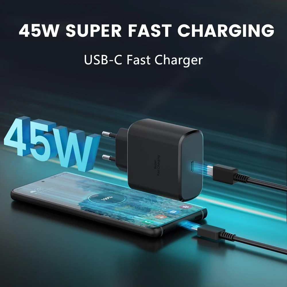 45W EU Plug USB-C Super Fast Charger For Samsung S23 S24 S25 S26 Ultra A25 A35 A53 A54 A55 Quick Charge Power Adapter With Box
