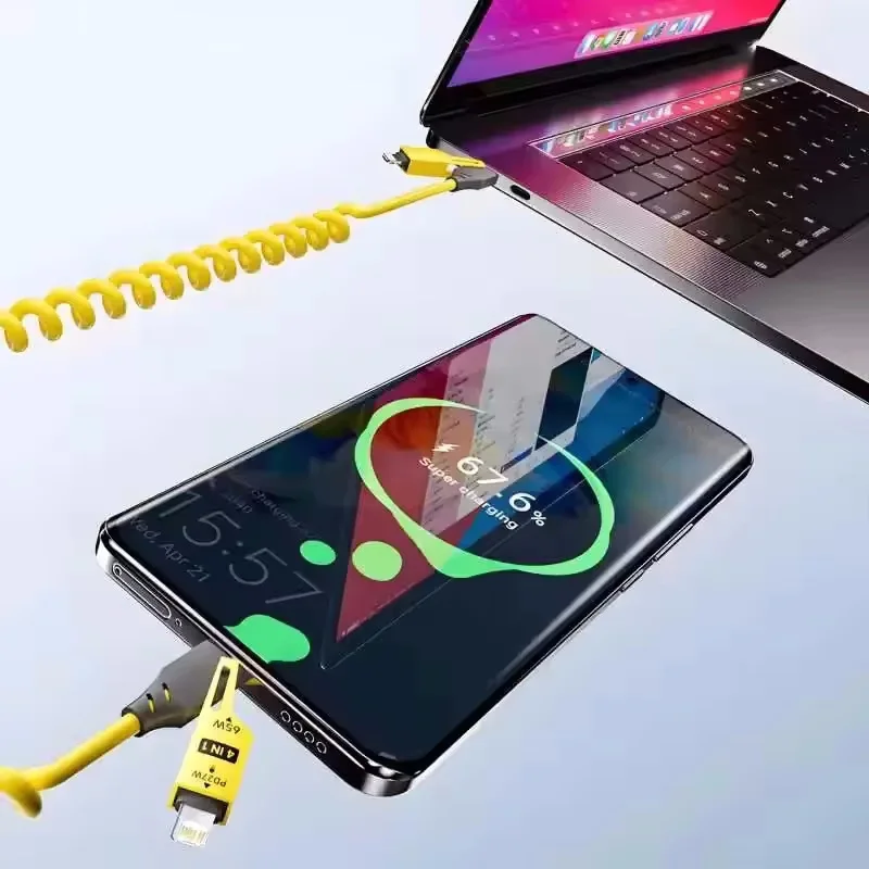 4 in 1 65W Spring Short Data Cable 6A USB Type C Spring Telescopic Quick Charger Wire Spring USB Cable for IPhone15 141312