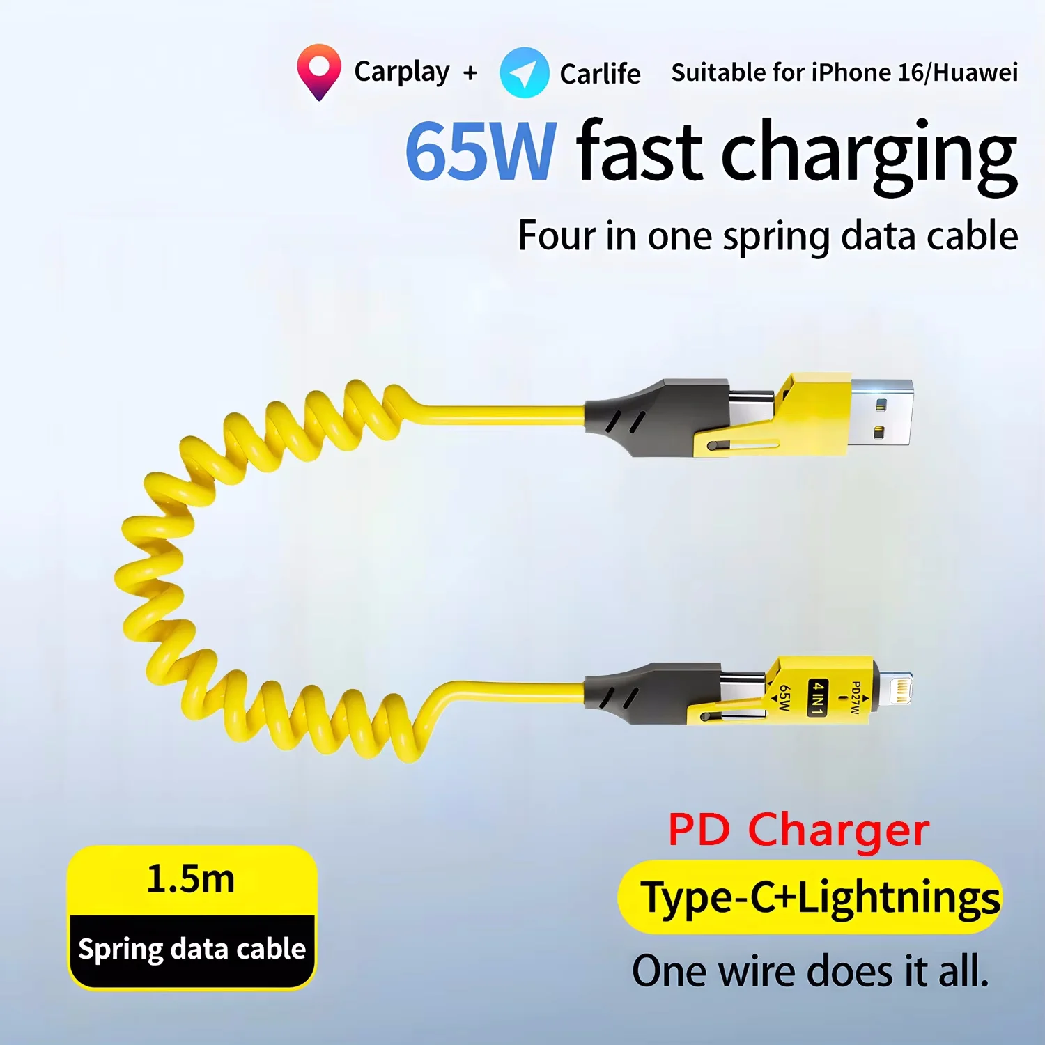 4 in 1 65W Spring Short Data Cable 6A USB Type C Spring Telescopic Quick Charger Wire Spring USB Cable for IPhone15 141312