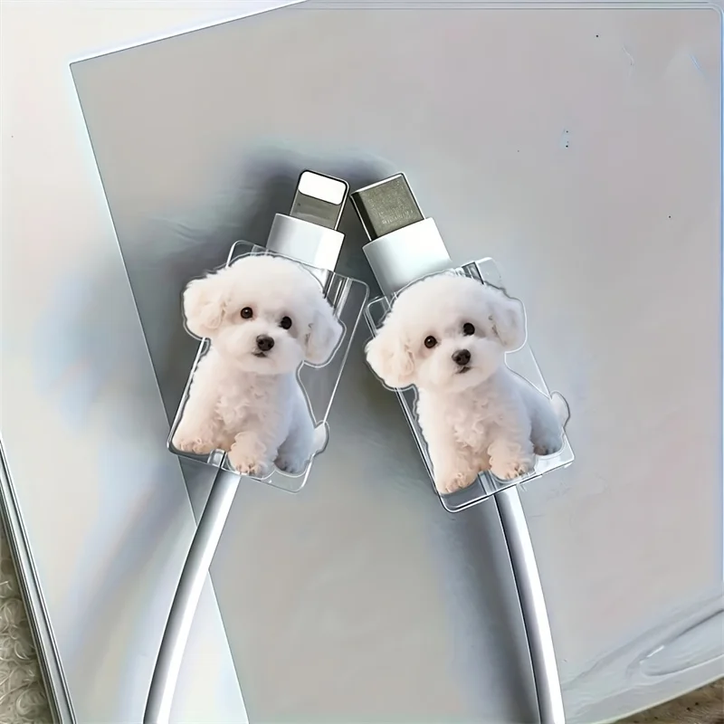 2D Flat 2pcs Cute White Dog Stylish Data Cable Protector Playful Design Connector Cover For iPhone / Type-C Charging Interface