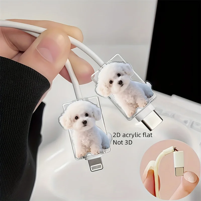 2D Flat 2pcs Cute White Dog Stylish Data Cable Protector Playful Design Connector Cover For iPhone / Type-C Charging Interface