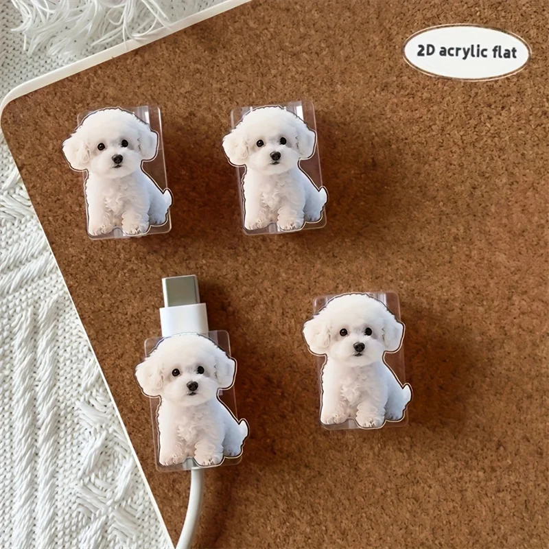 2D Flat 2pcs Cute White Dog Stylish Data Cable Protector Playful Design Connector Cover For iPhone / Type-C Charging Interface